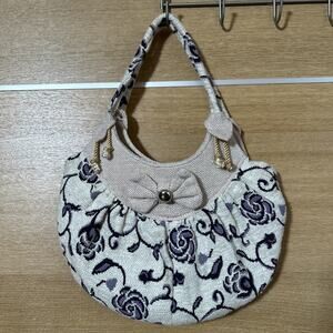 Boho Cloth Purse Lined Roses Cream, Purple, Lavender Cottagecore